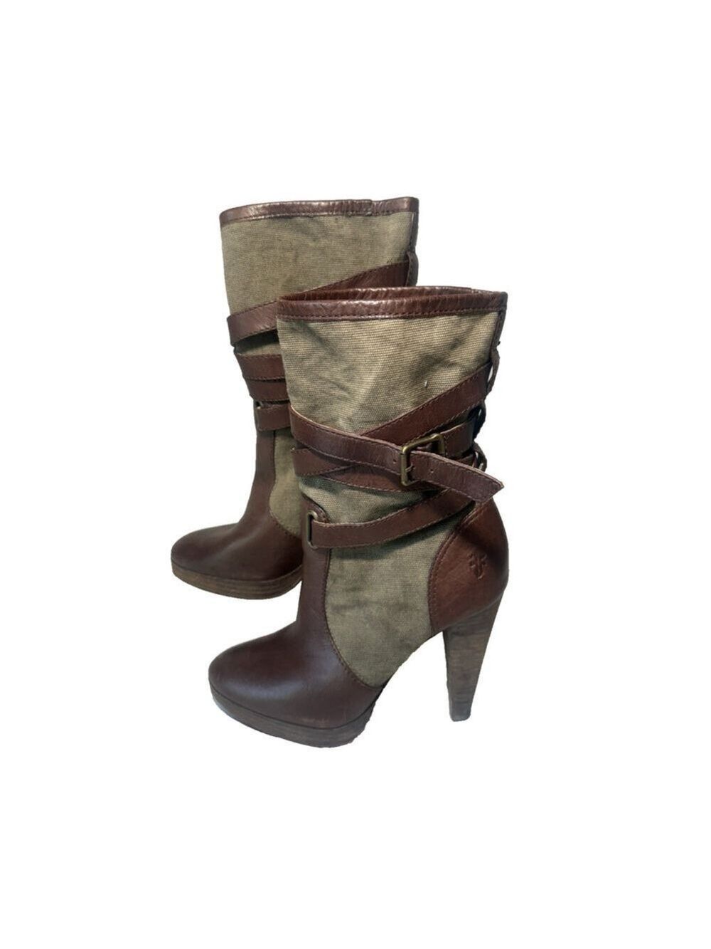 FRYE Boots Women 7M Harlow Brown Leather And Canvas - Picture 2 of 14